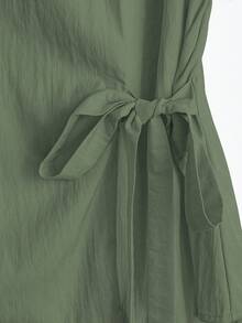 Linhara 女士纯色梭织系带泡泡袖纽扣衬衫，短袖，夏季款 - 綠色 - 查看 5