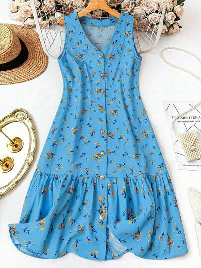 Franclia فستان كاجوال بدون أكمام مزخرف بزهور صغيرة، مناسب للعطلات والاستخدام اليومي