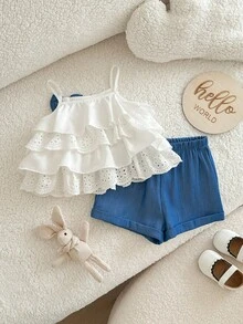 Baby Girl Vacation Casual Cute White Ruffle Strap Tank Top And Elastic Waist Shorts Set - White - View 6