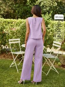 KARISMINA 2件套女士纯色梭织修身背心和高腰宽松直筒裤套装，春季女装，热带度假风，亚麻材质。 - 淡紫色 - 查看 2