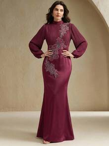 Anewsta 女士圆领长袖褶皱碎花连衣裙，适合派对、亮片、婚礼、春季、夏季、优雅场合、情人节、嘉年华 - 酒紅色 - 查看 5