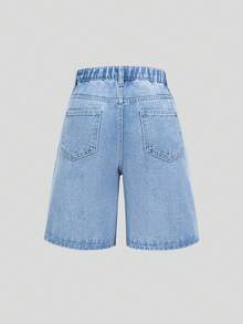 SHEIN 少女牛仔裤，夏季新品，宽松版型，浅色水洗牛仔布，舒适棉质面料，适合休闲、上学、工作和聚会等场合。 - 淺色水洗藍 - 查看 2