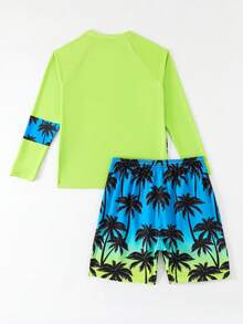 SHEIN Teen Boys 2 Pieces Swimwear Set,Long Sleeve Palm Tree Print Rash Guard Top With Swim Trunks,Suitable For Summer,Beach,Holiday,Pool Party Surf Shirt - Multicolor - View 2