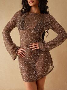 Silquee Women's Sequin Patchwork Casual Beach Resort Cover-Up Dress - Coffee Brown - View 5