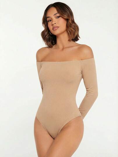 SHEIN BASICS Women's Solid Color Fitted Off-Shoulder Long Sleeve Bodysuit Sexy Bodysuit Brown Body Suit Body Suit Romper Bodysuits For Women Off Shoulder Bodysuit