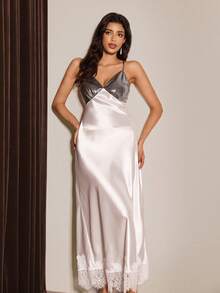 French V-Neck Satin High-End Irregular Ruffle Hem Design Sexy Camisole Nightgown - White - View 4