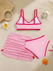 少女碎花荷叶边泳衣套装，含罩衫和迷你裙，夏季假日 - 粉色 - 查看 2