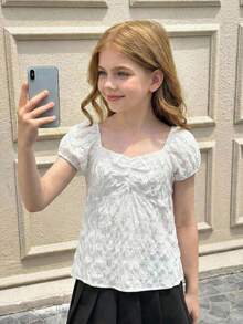 SHEIN Tween Girl's Solid White Textured Fabric Everyday Casual Semi-Sheer Sweetheart Neck Plain Ruched Bust Peplum Top Short Sleeve Blouse - White - View 6