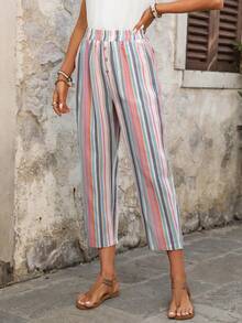 EMERY ROSE Women's Casual Vacation & Commute Contrast Stripe Print Elastic Waist Side Pockets Cropped Pants - Multicolor - View 8