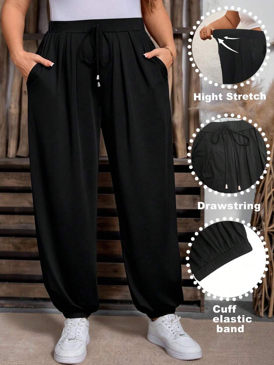 EMERY ROSE Plus Size Women Casual Loose Knit Elastic Waist Black Pants, Soft & Relaxed Fit Ankle Pants For Spring & Summer - Black - View 1