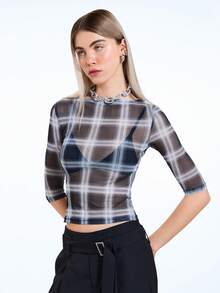 COUREZ Quarter Length Sleeve Check Mesh Top/Y2K Spring Clothes For Women Cute Sexy Tops Going Out Outfits Party Rave Tops Elegant Long Sleeve Tops Summer Outfits Summer Tops - Black and White - View 5