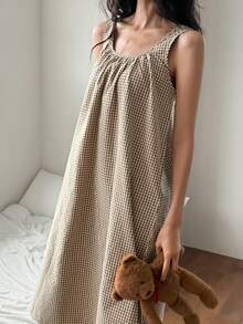 DAZY Plaid Pleated Sleeveless A-Line Dress, Women Loungewear - Brown - View 5