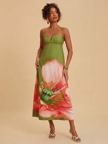 Travachic Elegant Floral Print Sleeveless Summer Vacation Dress - Green - View 3