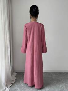 Al Najma Đầm Thổ Nhĩ Kỳ Ả Rập dài tay dáng rộng, thanh lịch, thoải mái, tối giản dành cho nữ, viền ren. - Hồng - Xem 2