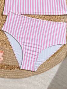 SHEIN Tween Girls 2 Pieces Tankini Swimwear Set, Pink & White Striped Spaghetti Strap Top And Ruched Waist Striped Triangle Bottoms, Y2K Cute Vacation Style Suitable For Swimming, Surfing, Holiday, Beach - Pink - View 6