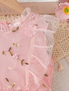 Souflis Souflis 2025春夏女童无袖碎花泡泡袖连衣裙，后背拉链，可爱甜美公主裙，适合日常穿着 - 粉色 - 查看 6