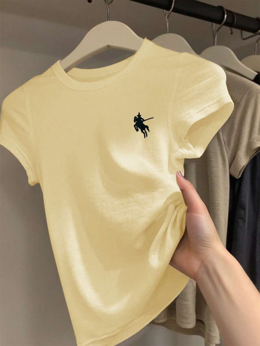 INAWLY 女士休闲日常通勤简约百搭骑士刺绣短袖T恤，夏季 - 黃色 - 查看 1