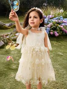 SHEIN Glamorique Kids 少女生日派對婚禮節日禮服，白色夏季傳統抹胸3D花朵薄紗蝴蝶結刺繡澎澎裙公主洋裝 - 杏色 - 查看 13