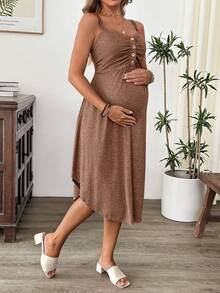 Cheriluna Maternity Maternity Solid Color Ruched Button Design Camisole Nursing Dress - Brown - View 6