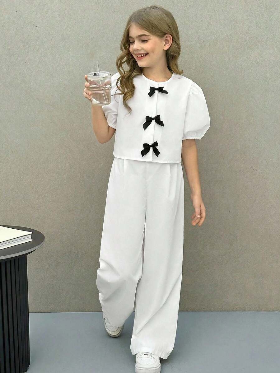 SHEIN Nova Glow 少女休闲时尚圆领荷叶袖纽扣上衣和长裤套装 - 白色 - 查看 1