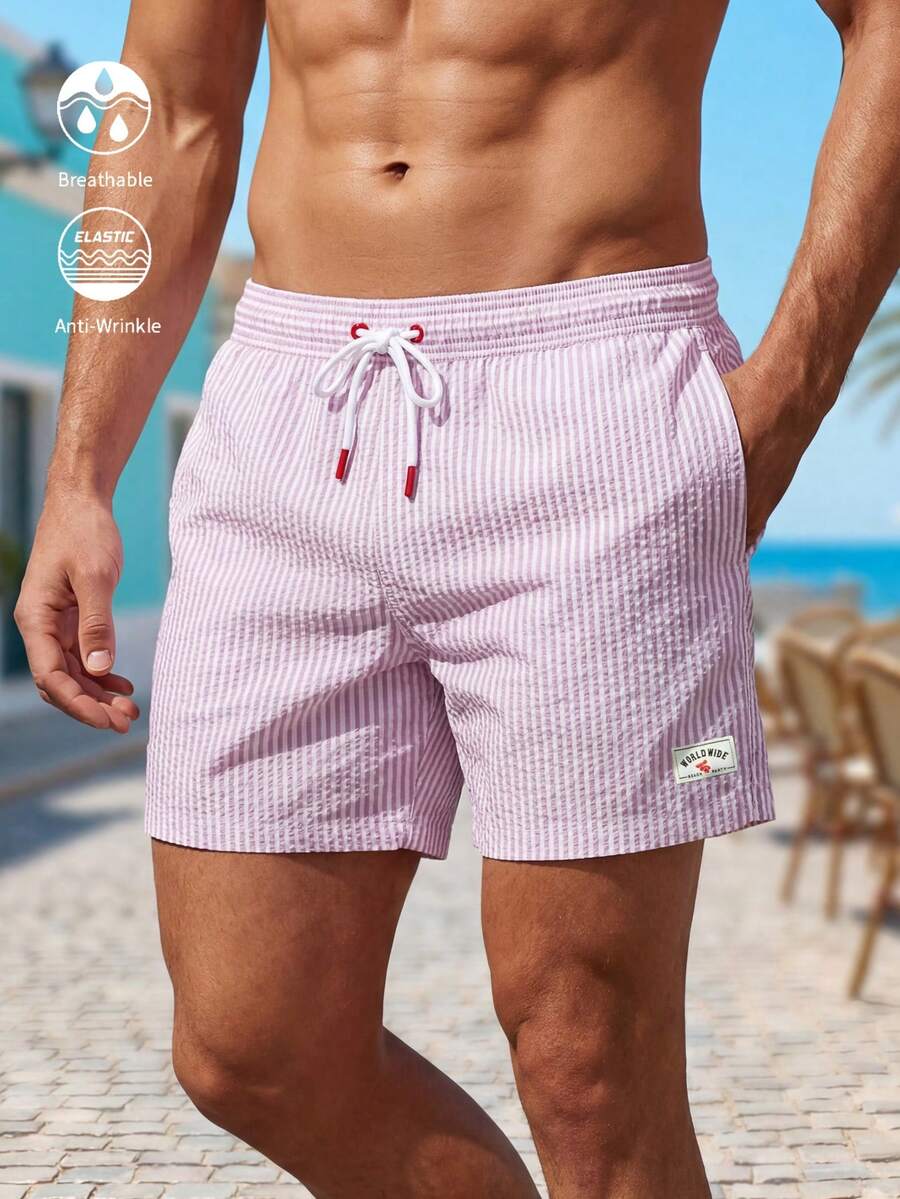 ZELFYO 男士休闲条纹印花沙滩短裤 - 杏色 - 查看 1