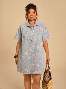 Travachic Vestido vaquero casual y holgado con estampado floral, manga corta y botones en la mitad del escote para mujer de talla grande - Lavado ligero - Ver 6