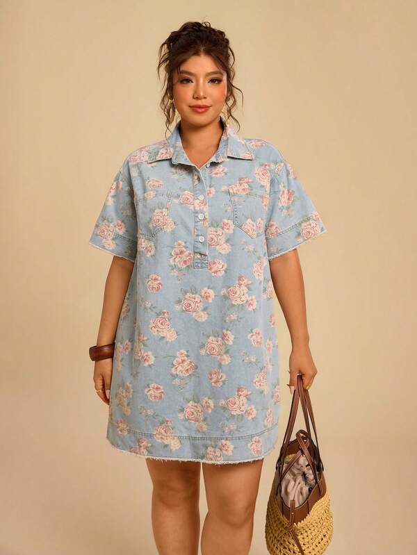 Travachic Plus Size Women Floral Print Button Half Placket Short Sleeve Casual Loose Denim Dress