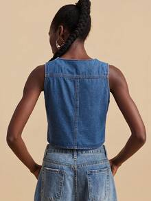Travachic Women's V-Neck Front Tie Fashionable Denim Vest - Medium Wash - View 3