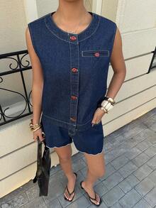 Siren Gaze Women's Casual Denim Vest And Shorts Set, Summer - Medium Wash - View 5