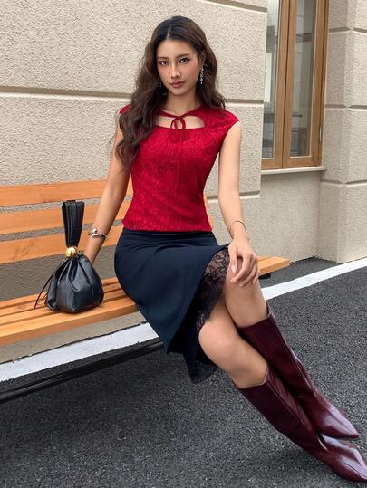 EastFlair Women's Elegant Lace Twist Collar Hollow-Cut Blouse, Summer