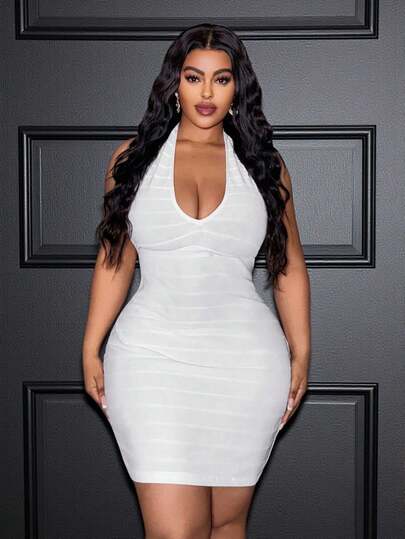 Slaydiva 2026 Nuevo vestido mini elegante y sexy para primavera/verano, ideal para uso diario, fiesta, cita, festival de música, cumpleaños, vacaciones, boda y graduación. Color blanco sólido, escote profundo en V con lazo delantero, ajustado, de tejido de punto texturizado, talla grande para mujeres.