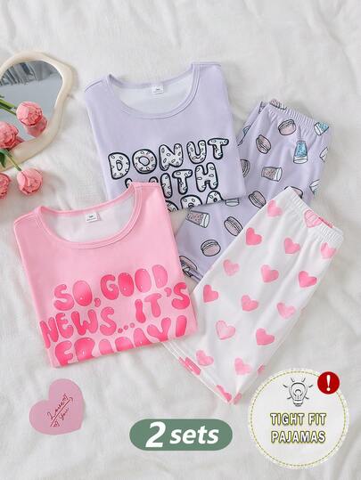 4pcs/Set Girls Letter & Heart Print Snug Fit Pajamas Set, Includes Pink Letter Pants, Black Letter & Star Top, Short Sleeve & Shorts