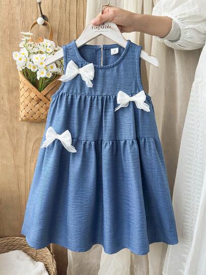 Vintaside Kids Young Girls' Sweet Blue Sleeveless Dress With Bow Decor, Suitable For Daily Outings, Casual Trips, Family Gatherings, And Weekend Shopping