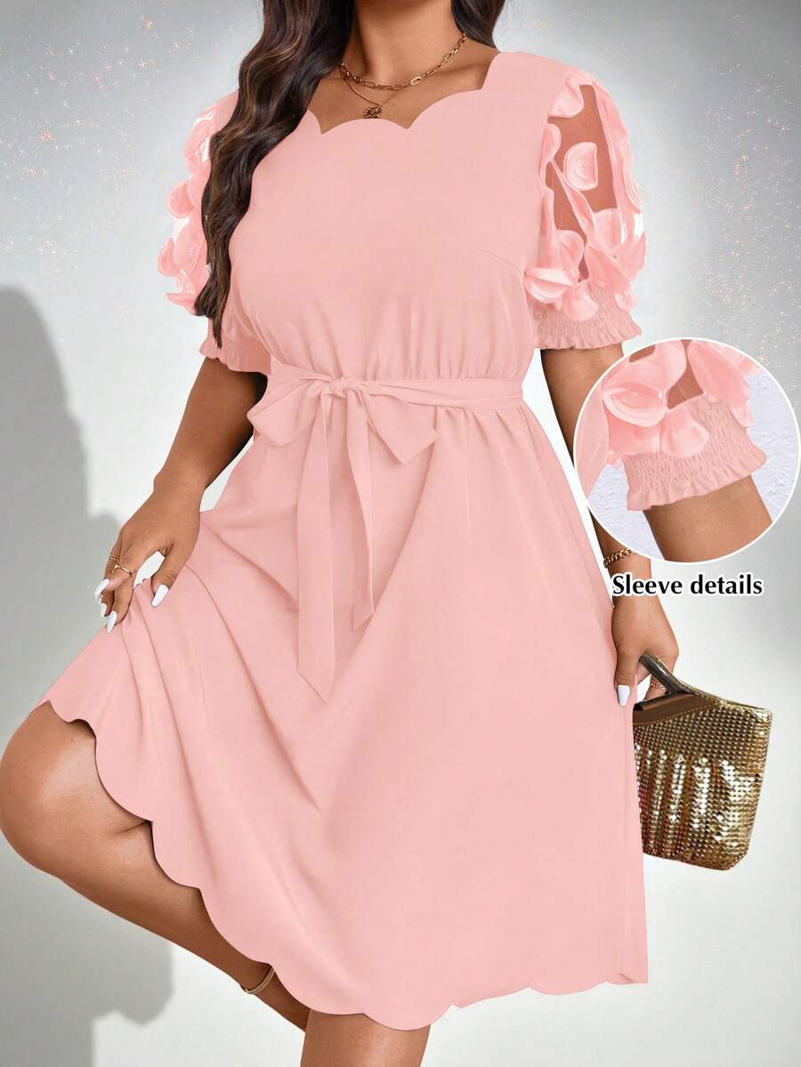 SHEIN Clasi Plus Size Women Solid Color Waist Tie Ruched Party Dress - Pink - View 1