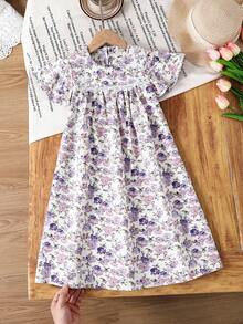 SHEIN 女童碎花图案圆领荷叶袖休闲连衣裙 - 淡紫色 - 查看 5