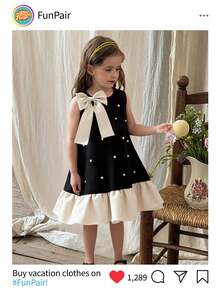 SHEIN Elladie kids 年轻女孩夏季新款珍珠蝴蝶结无袖荷叶边A字下摆连衣裙，法式简约优雅公主通勤连衣裙 - 黑色 - 查看 9