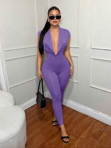 SHEIN SXY 性感纯色深V领露背无袖连体裤 - 紫色 - 查看 4