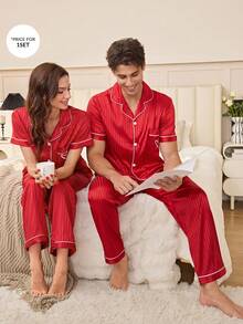 Men's Heart Embroidery Pocket Striped Jacquard Short Sleeve Pajama Set - Hot Pink - View 3