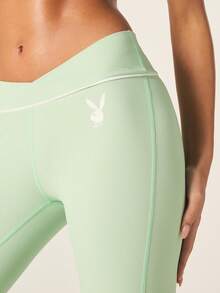 Missguided x Playboy Sage Green Ribbed Scoop Neck Sports Bra And High Waisted Leggings Set With Logo Print Two Piece Athletic Matching Co-Ord Set - Green - View 7
