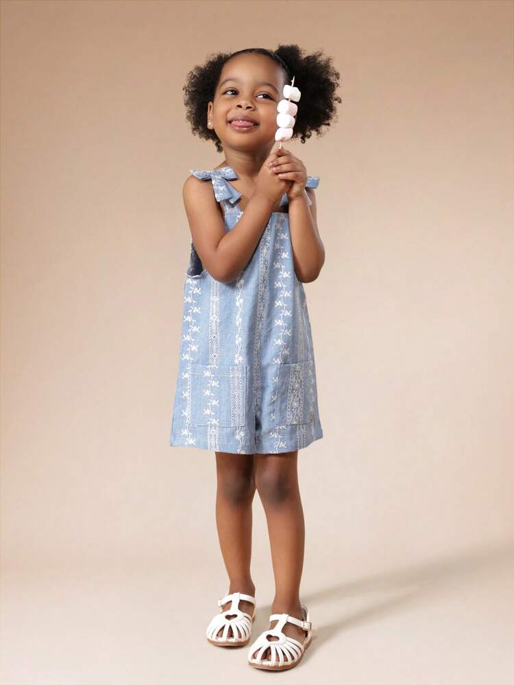 Light Blue Floral Romper With Tie Straps