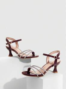 CUCCOO SZL 女士舒适水钻绑带踝带高跟凉鞋，适合约会、聚会、情人节派对及各种场合。 - 酒紅色 - 查看 3