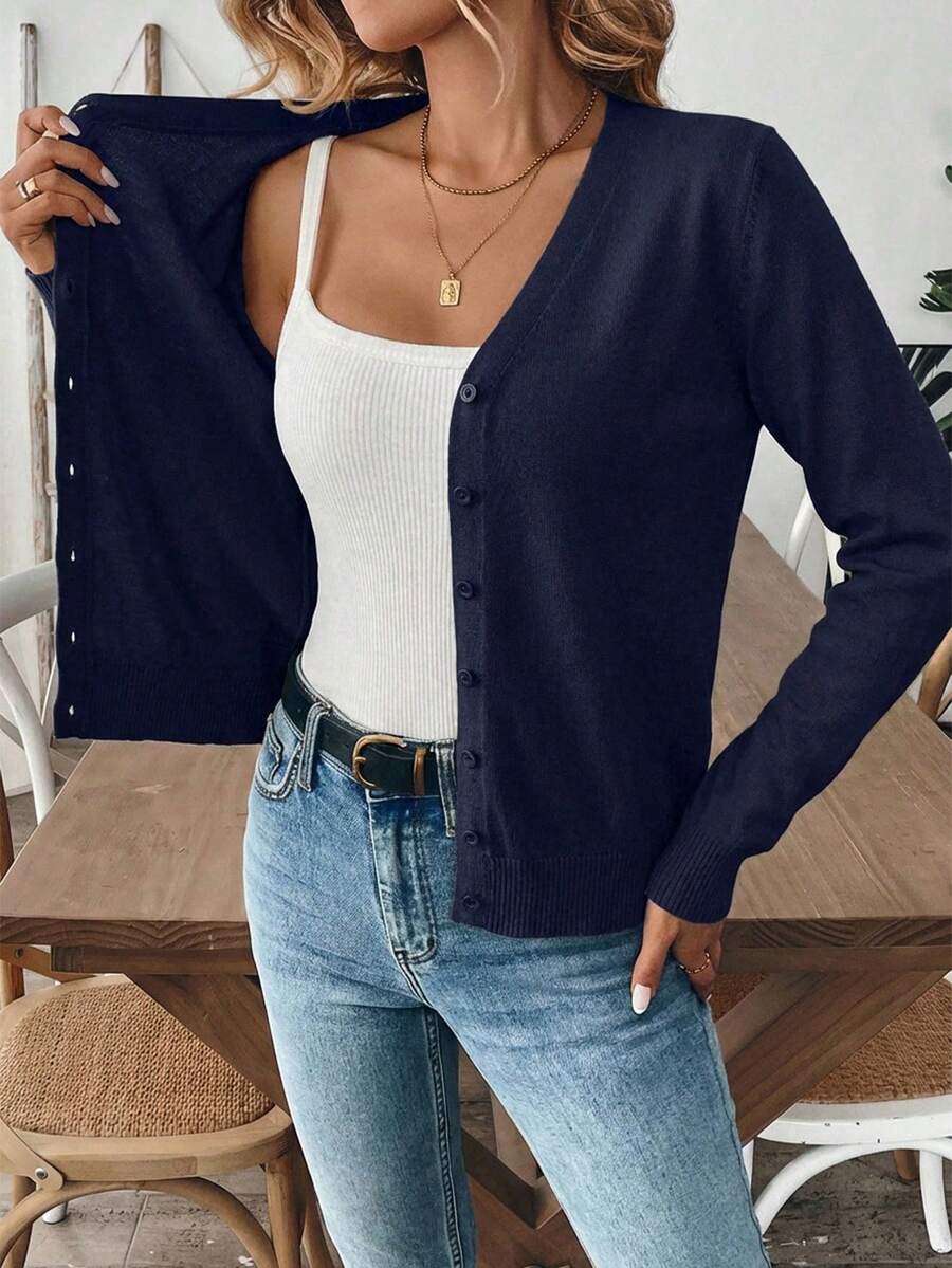 SHEIN Tall Size Solid Navy Blue Front Button Detailed Casual Long Sleeve Cardigan Office Business Autumn - Navy Blue - View 1