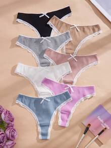 NudeFit 7pcs Women's Assorted Color Comfortable Ribbed Lace Trim Thong Panties Set,High Waist Cotton Wedding Underwear Pack,Multicolor,Summer,Cute - Multicolor - View 1