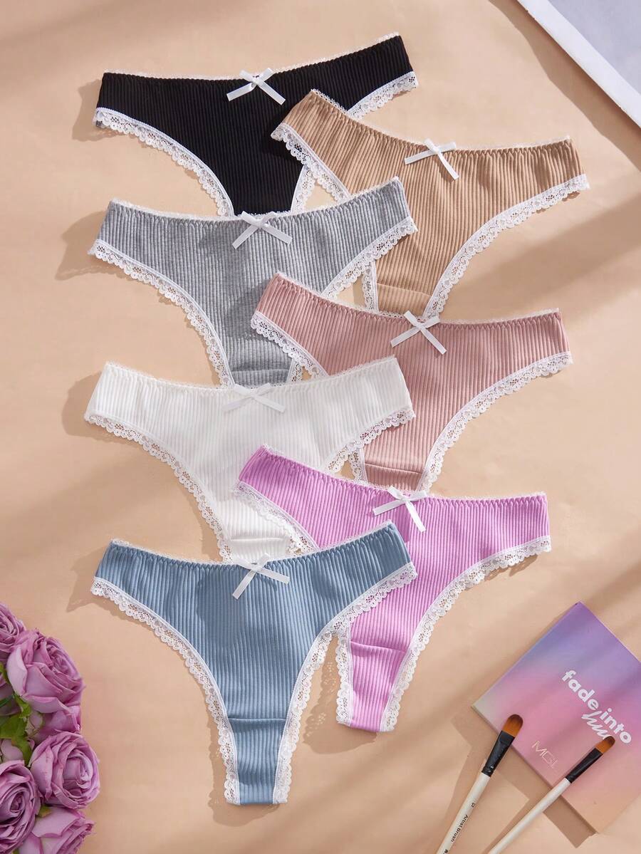 NudeFit 7pcs Women's Assorted Color Comfortable Ribbed Lace Trim Thong Panties Set,High Waist Cotton Wedding Underwear Pack,Multicolor,Summer,Cute - Multicolor - View 1