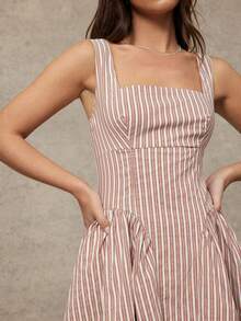 WESTFADE Square Neck Ruffle Sides Fit & Flare Ruffle Sleeveless Striped Mini Dress - Brown - View 2