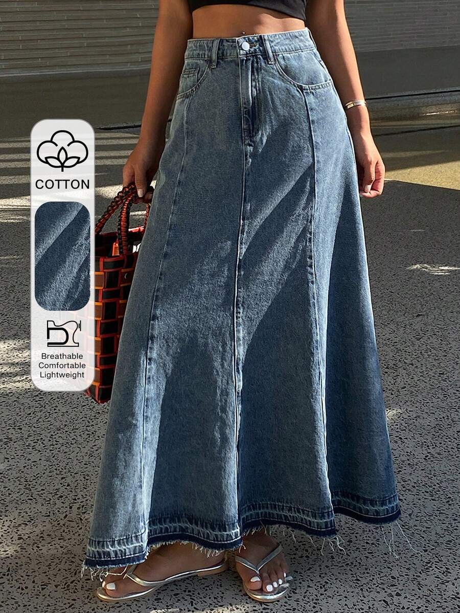 DAZY 女士宽松休闲牛仔裙，春夏度假时尚设计 - 藍色 - 查看 1