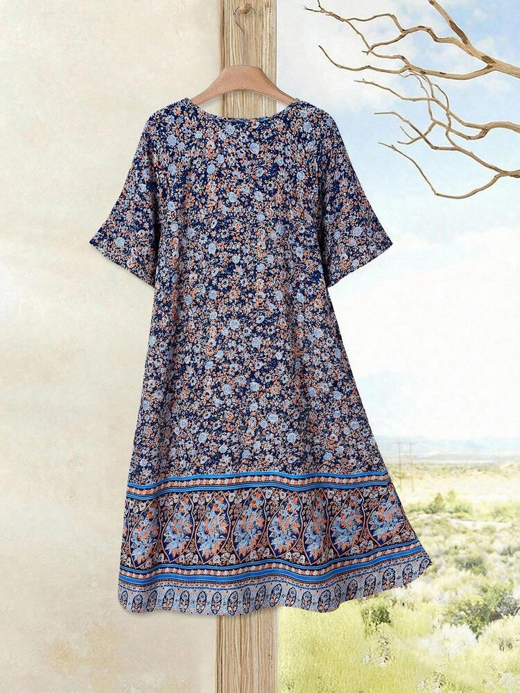 Plus Size Women Summer Casual Vacation Country Floral Print Short Sleeve Dress,Summer Holiday,Spring Break Outfits ,Vacation Outfits Women ,Holiday Outfits For Women,Going Out Outfits,2026 New Clothes,Simple And Fashionable For Everyday Wear,Suitable For Summer, Vacation,Daily Wear,Casual Dresses For Women,Flowy Dress , Boho Summer Dress Women, Women's Floral Summer Dress, Bohemian Dress,Beach Outfits For Women ,Western Style