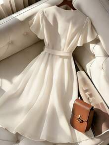 Franclia 女士新款方领荷叶边腰部褶裥中长连衣裙 - 杏色 - 查看 2