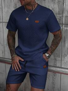 Manfinity CasualCool 男士V领罗纹T恤+抽绳短裤套装 - 寶藍色 - 查看 5
