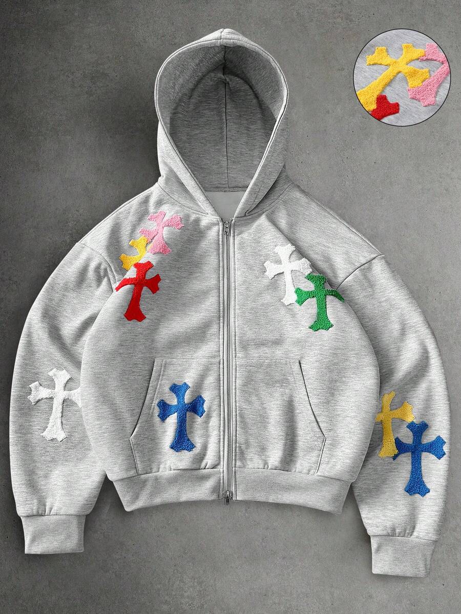 PAVTROS 男士十字贴花拉链连帽卫衣 - 灰色 - 查看 1